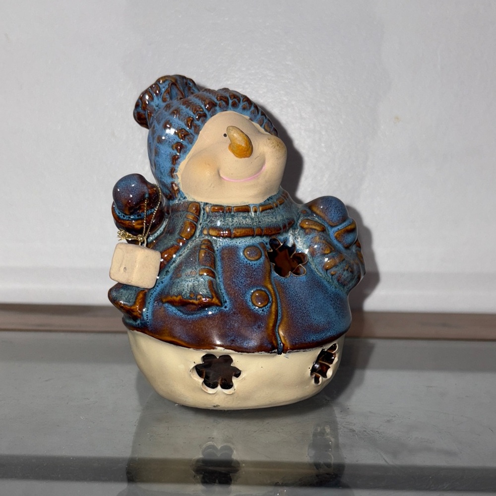 Charming Blue and Cream Snowman Figurine